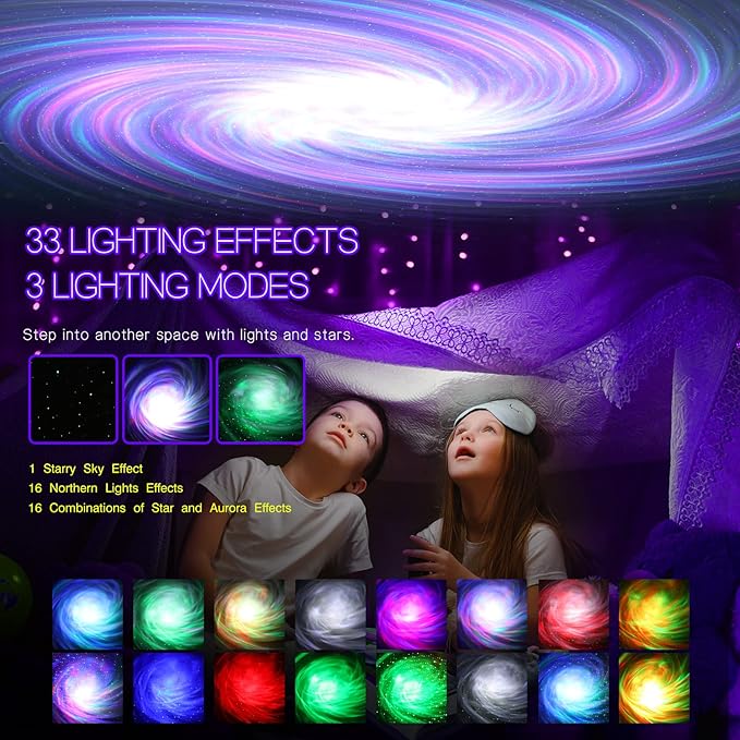 Northern Galaxy Light Aurora Projector with 33 Light Effects Night Lights LED Star Projector for Bedroom Nebula Lamp Remote Control White Noises Bluetooth Speaker for Parties Jet Black