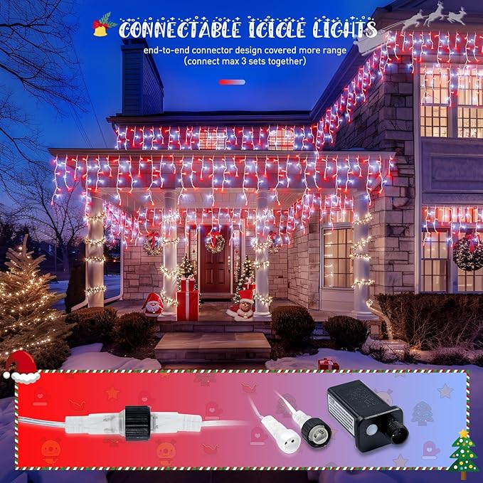 JMEXSUSS 38.8 Ft 400 LED Icicle Christmas Lights for Outside 8 Modes Red and White Icicle String Lights Plug in with Remote Christmas Lights Indoor Outdoor for Halloween Party Christmas Decoration