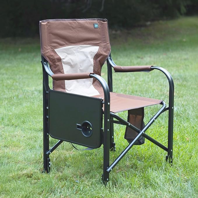 Bliss Hammocks 24 Volt Heated Directors Seat with 3 Heat Settings Folding Portable 21 Inch Wide Steel Frame Camping Chair - Battery Included Brown