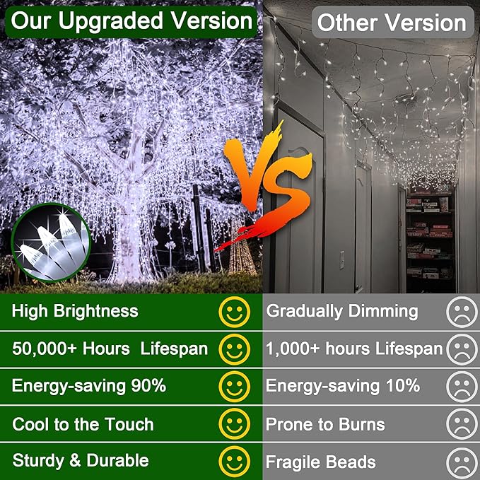 132FT 1332 LED Outdoor Christmas Lights - 296 Ice Drops 12 Pro Modes with Timer Memory &amp Brightness Waterproof Hanging Ice String Light for Holiday Wedding Garden Fence House Decor (Cool White)