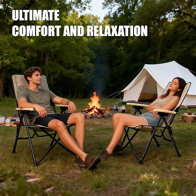 Oversized Hard Armrest Reclining High Back Camping Chair with Adjustable Backrest for Camping Sports Event Backyard Fishing Beach Tailgating