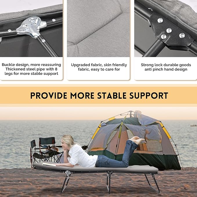 Folding Camping Cot for Adults 5-Angle Adjustable Camping Cot Heavy Duty Outdoor Bed with Carry Bag1200 D Layer Oxford Travel Camp Cots (Grey)