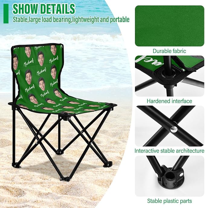 Sinestour Green Custom Photo Folding Camping Chair for Teen Child Personalized Name 14.6×14.6in Portable Outdoor Chair with Carry Bag for Barbeques Picnic Travel