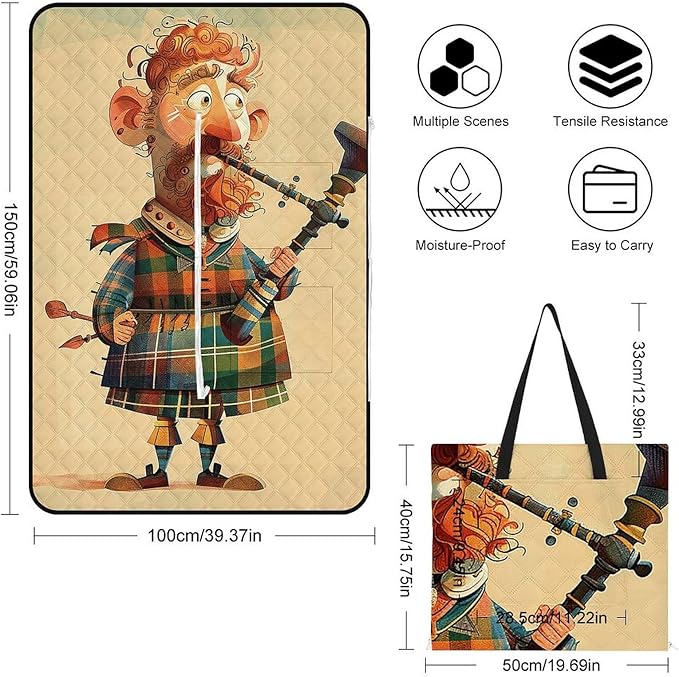 Zipper Cartoon Scottish Bagpipe Style Picnic Mat Suitable for Travel Camping Park Or Home Use