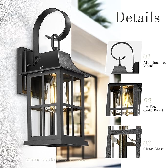 Emliviar 15.4 Wall Sconces Set of Two Outside Wall Light Fixtures with Clear Glass Matte Black Coach Lamps for Front Door YXE306B-2PK BK