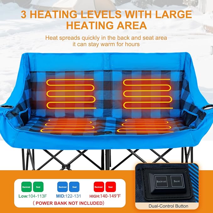 LILYPELLE Heated Double Camping Chair for 2 Person Oversized Padded Folding Loveseat with 3-Levels Heating Portable Camping Couch with Cup Holders &amp Side Pockets Heavy Duty Supports 500lbs