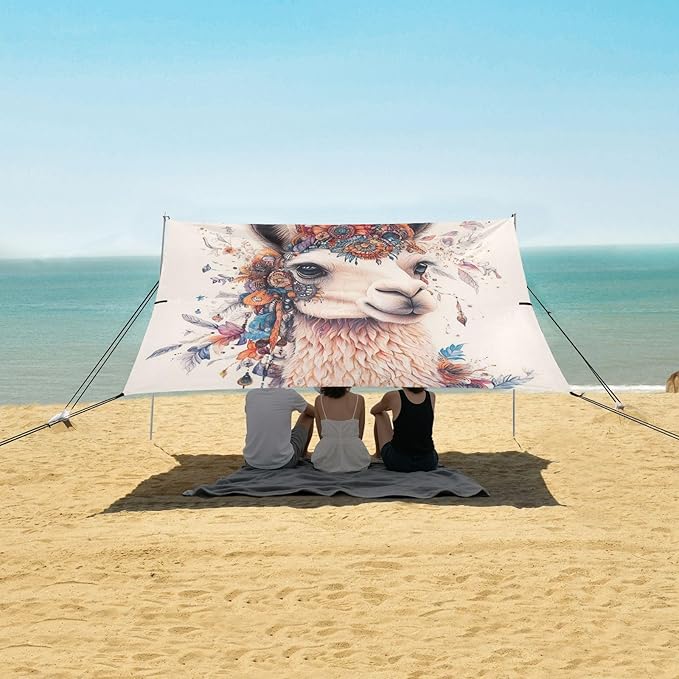 ALAZA Boho Llama Bohemian Alpaca Beach Tent Sun Shelter UPF50+ Protection Beach Shade Canopy w/ 4 Sandbags for Outdoor Camping Fishing Backyard Fun Picnic 10x9 ft