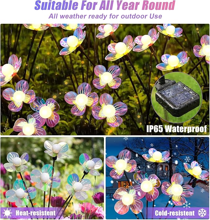 Solar Garden Lights Outdoor New Upgraded 4-Pack Firefly Solar Lights with Iridescent Petals &amp Warm White Glow - Waterproof Wind-Swaying Decor for Yard Patio