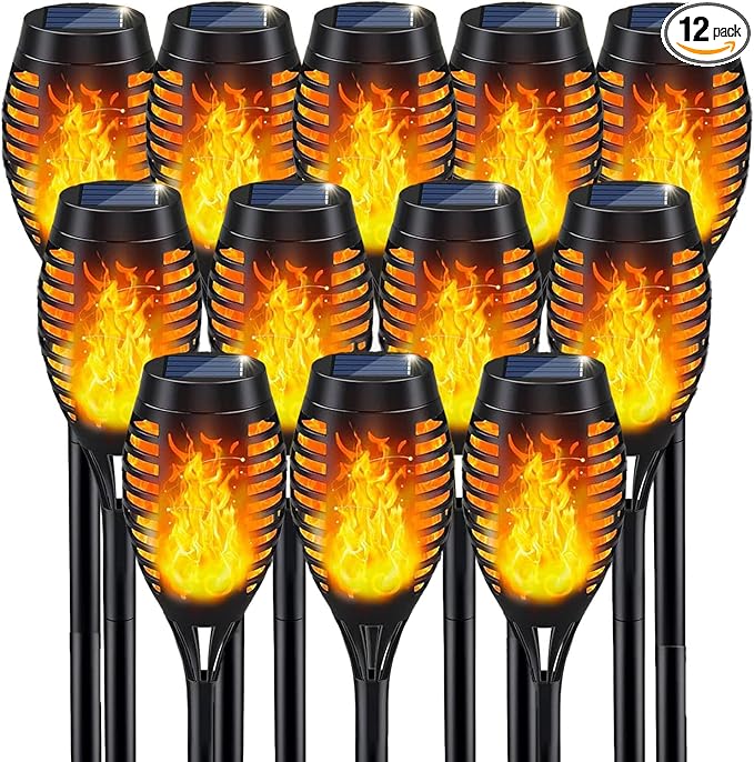 Solar Torch Lights Outdoor IP65 Waterproof with Realistic Flickering Flame - Auto On/Off Garden Lights for Patio Yard Pathway Enchanting Party Decor (12Pack)