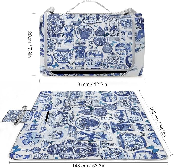 Blue and White Folk Chinese Chinoiserie Style Waterproof Outdoor Picnic Blanket Sandproof Beach Mat for Camping Hiking Grass Travelling