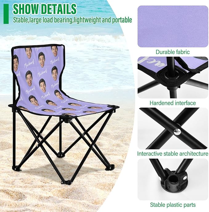 Sinestour Lilac Custom Photo Folding Camping Chair for Teen Child Personalized Name 14.6×14.6in Portable Outdoor Chair with Carry Bag for Travel Picnic Barbeques