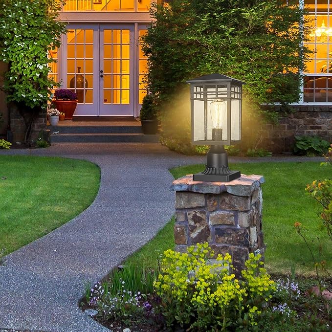 Outdoor Post Light Fixture Modern Exterior Pillar Lantern with Black Finish &amp Seeded Glass Pole Light for Garden Backyard Courtyard Patio Porch RZ009-P BK