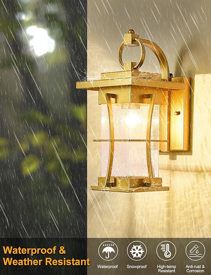 Gold Dusk to Dawn Outdoor Wall Lantern Exterior Light Fixtures Wall Mount Porch Light with Photocell Sensor Waterproof Outside Sconce for House Patio GarageSeeded Glass Outside Wall Lamps