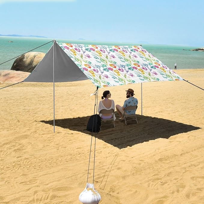 ALAZA Rainbow Tulip Flower Butterfly Beach Tent Sun Shelter UPF50+ Protection Beach Shade Canopy w/ 4 Sandbags for Outdoor Camping Fishing Backyard Fun Picnic 10x9 ft