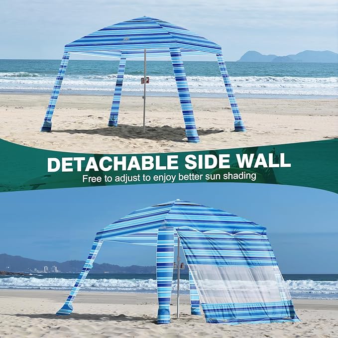 Rhino Valley Beach Cabana 8 * 8FT Beach Tent UPF50+ Protection Easy Setup Beach Canopy Wind Resistant with Cup Holder Compact Beach Shade Foldable Beach Tent Sun Shelter Blue Four Stripes