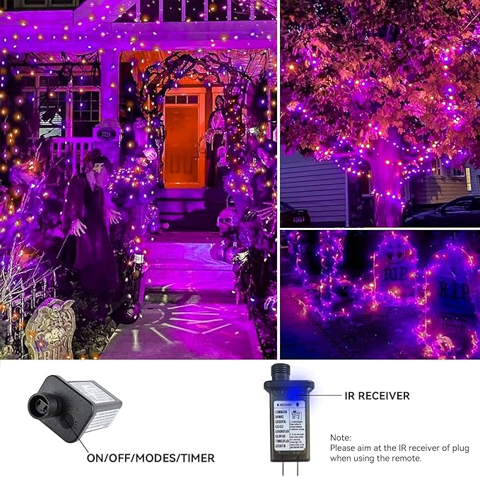 Purple and Orange Halloween Lights 800LED 330FT String Lights 8 Modes Timer Plug in Waterproof Indoor Outdoor Christmas for Garden Party Decoration JT-EL/FC300V0200