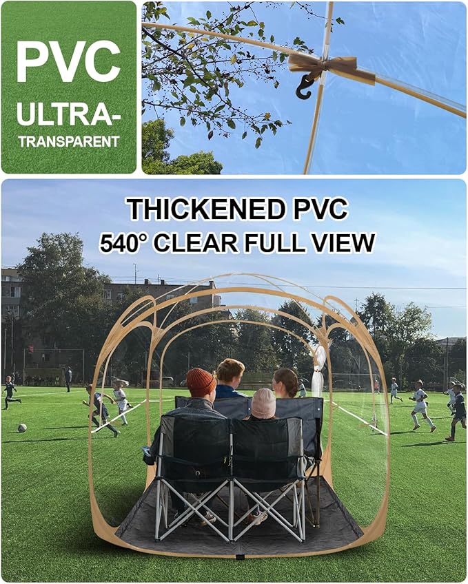 Pop Up Sports Tent - Thick PVC Scratch-Resistant Bubble Clear Tent Instant Weather Proof Pod with Extra Top Cover for Soccer Football Games Outdoor Events 1-6 Person