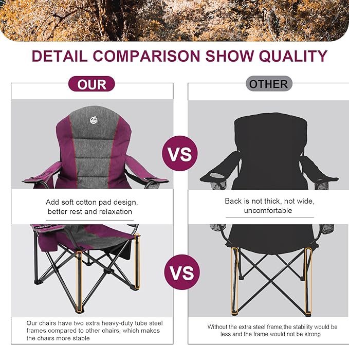 Northroad Oversized Portable Camping Chair Full Padded Outdoor Folding Chair Support 350 LBS Heavy Duty Lawn Chair with Cup Holder Cooler Bag Lumbar Support Head Pocket for Adult (Purple)