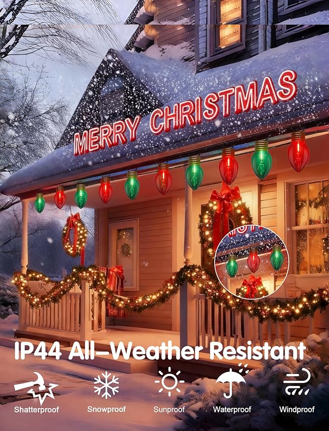 16FT Jumbo Red and Greeen Christmas LightsOutdoor Giant Christmas Decorations Lights with 10 LED Clear Red and Greeen Bulbs for Tree Holiday Home Roof Yard Garden Decorations