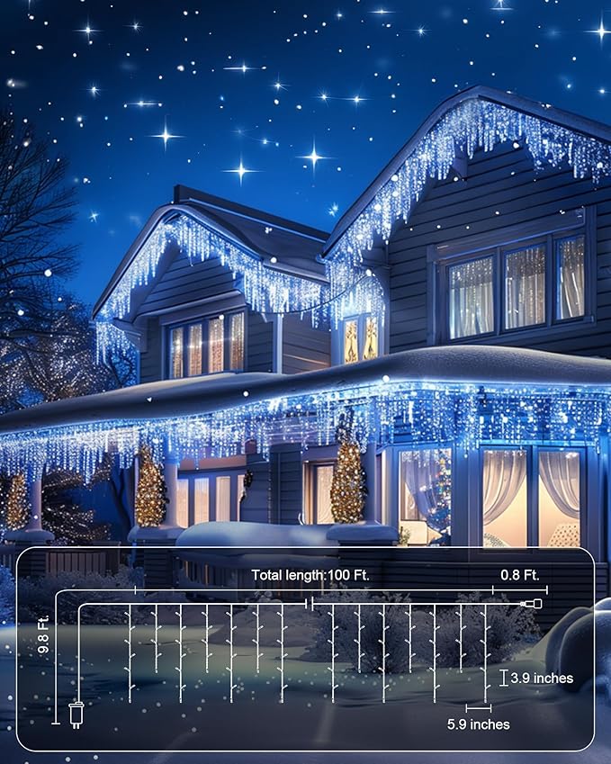 Minetom 100ft Christmas Icicle Lights for Outside832 LEDs Christmas String Lights 156 Drops with RemoteTimer FunctionDimmable Waterproof Outdoor Icicle Light