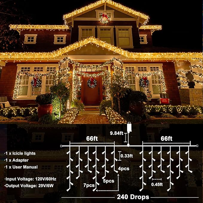 Icicle Christmas Lights Outdoor 132ft 1280 LED Icicle Lights for Outside Plug in Twinkle Lights Indoor with 8 Modes Timer Waterproof for House Holiday Decor Wedding Christmas Decorations Warm White