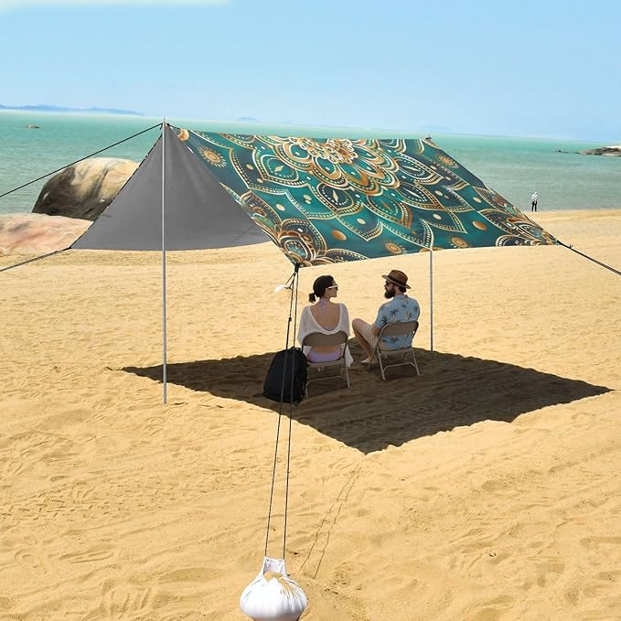 Turquoise Mandala Beach Tent Sun Shelter 9.2' x 10.5' Beach Canopy with 4 Sandbags 4 Stability Poles Sand Shovels - Tent Canopy for Beach Camping Fishing Picnics