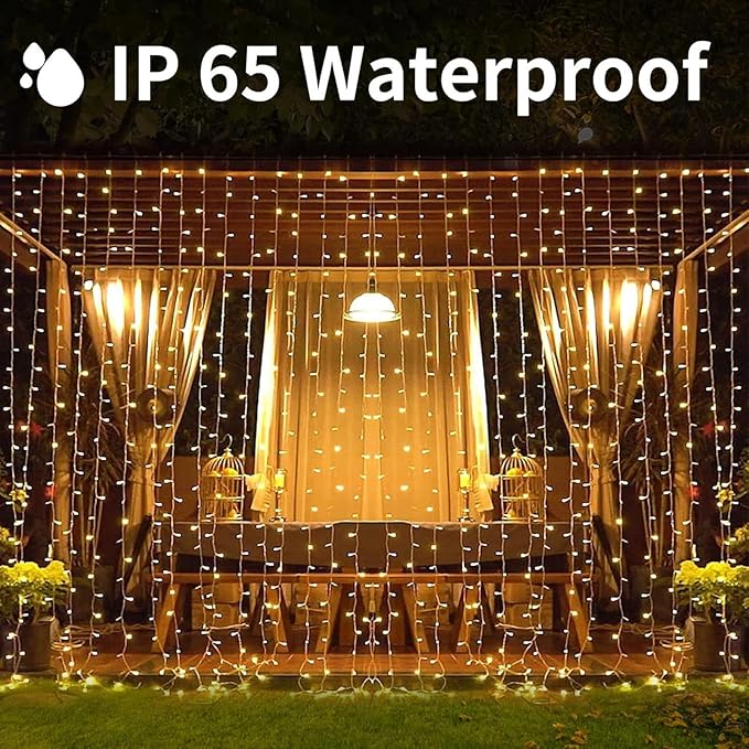 300LED Solar Curtain Lights Outdoor Indoor 8 Modes Solar Fairy Curtain String Lights Waterproof Twinkle Lights for Home Garden Patio Gazebo(Warm White)
