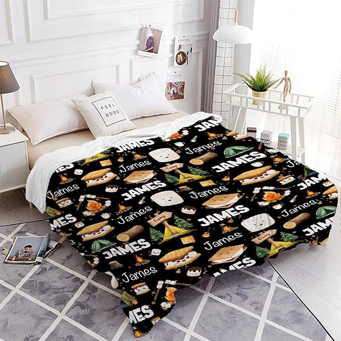 Custom Marshmallow Blanket with Name | Personalized Camping Blanket for Girls Boys | Ultra Soft Customized S'Mores Throw for Couch/Sofa/Travel/Camping Home Decor - 40x50-Kids/Throw Size