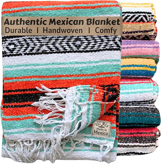 Del Mex Classic Mexican Blanket Large Authentic Woven Falsa Throw (70x50) Artisan Southwest Décor for Beach Yoga Outdoors (Mint/Orange)