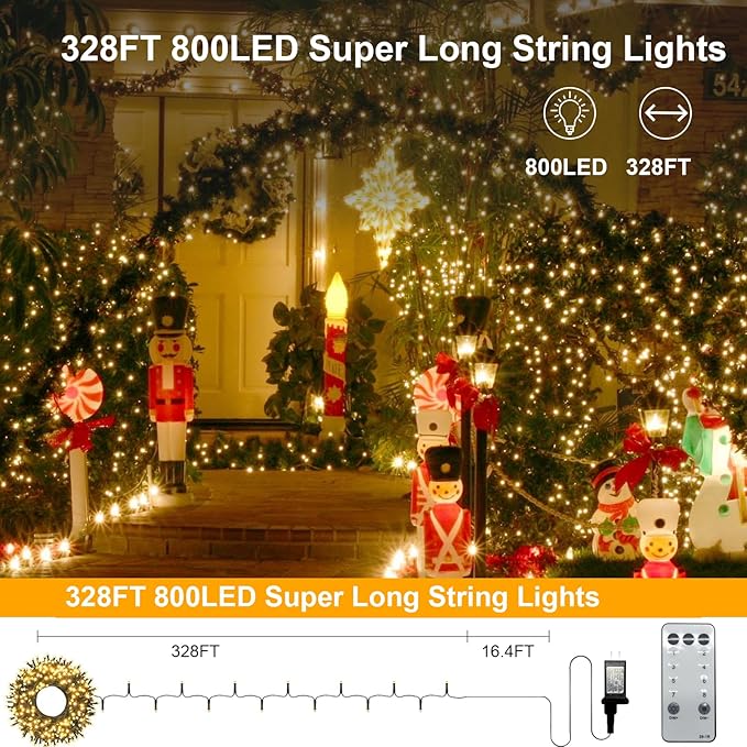 Outdoor Christmas Lights 328FT 800 LED String Lights 8 Modes with Remote Timer Fairy Lights Plug-in Waterproof Christmas Outdoor Lights for Yard Patio Home Party Christmas Decorations