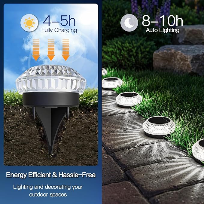 Solar Ground Lights Outdoor 8 Pack Solar Powered Pathway Lights IP67 Waterproof Anti Glare Diamond Solar Garden Lights Landscape Lighting for Patio Yard Deck Walkway Cold White