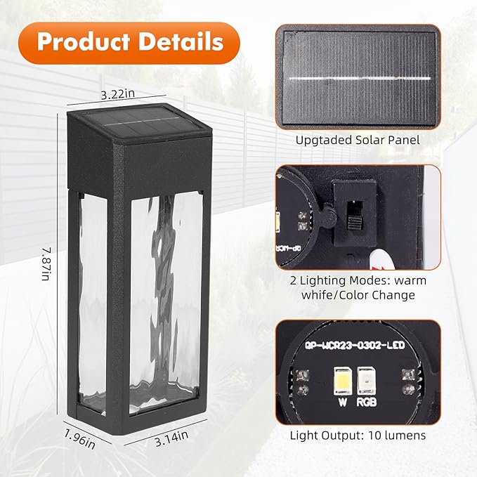 Solar Outdoor Lights 4 Pack Textured Glass Solar Wall Lights for Yard Fence Porch and Garage with 2 Modes Body in Aluminum and Waterproof