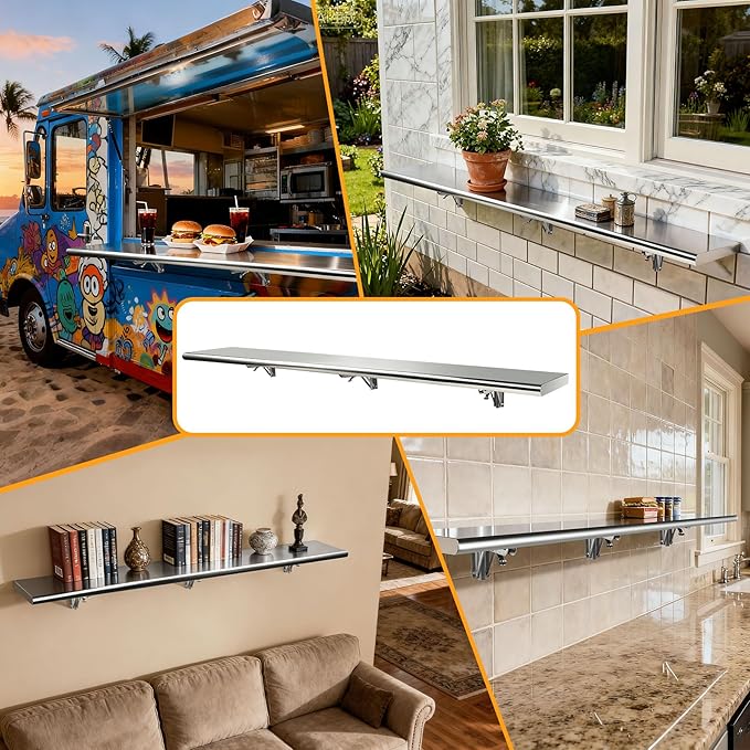 Concession Shelf 70'' L x 12''W Folding Shelf Stainless Steel Food Shelf Stand Serving for Concession Serving Window Food Truck Kitchen Counter