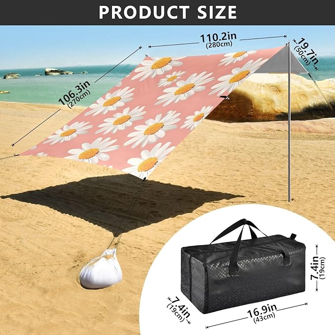 ALAZA Daisy Flower Pink Beach Tent Sun Shelter UPF50+ Protection Beach Shade Canopy w/ 4 Sandbags for Outdoor Camping Fishing Backyard Fun Picnic 10x9 ft