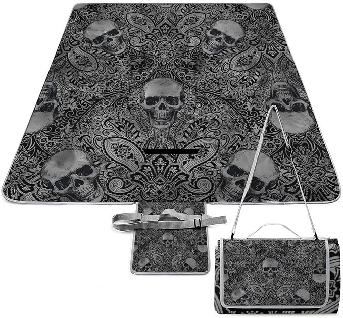 Gothic Skulls Damask Style Black White Waterproof Outdoor Picnic Blanket Sandproof Beach Mat for Camping Hiking Grass Travelling
