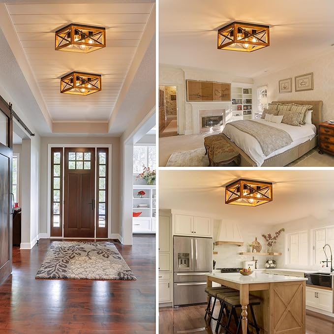 Farmhouse Ceiling Light 4-Light Flush Mount Ceiling Light with Black Metal and Wood Rustic Light Fixture for Hallway Entryway Kitchen