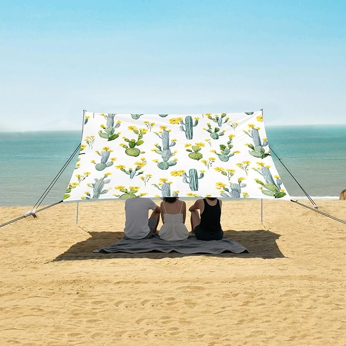 Bolaz Beach Canopy Tent Sun Shade9'×10.5' Large Family Beach Shade UPF50+- Outdoor Shade for Camping Trips FishingWatercolor Cactus Pattern