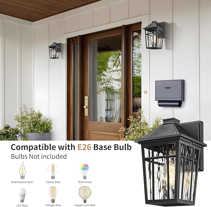 Darkaway Outdoor Wall Lights for House Exterior Lighting Fixtures Wall Mount Porch Lights Waterproof Outdoor Sconce Lights with Water Ripple Glass for Patio Hallway Garage