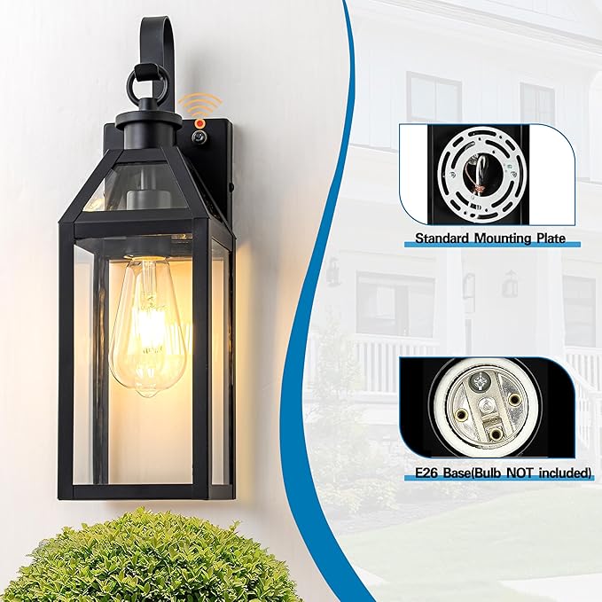 16 Dusk to Dawn Outdoor Wall Light with Sensor - Waterproof Exterior Wall Sconce for Porch Patio Garage Front Door Balcony Entry Modern Hardwired Lantern in Black Metal &amp Glass E26 - 2 Pack