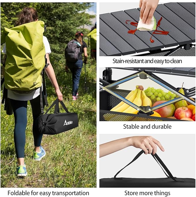 Anbte 3ft Folding Camping Table with Storage Net and Bag 2 Adjustable Heights Aluminum Roll Up Camping Table &amp Ultralight Camping Bed Height Adjustable Support 180KG Portable Cots
