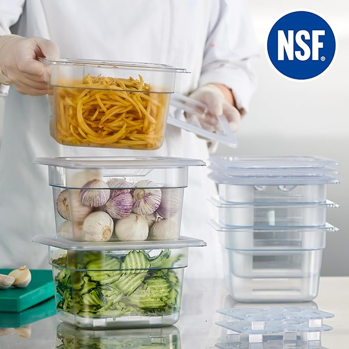 CURTA 12-Pack 1/6 Size 4 Deep NSF Polycarbonate Food Pan with Notched Lid &amp Drain Tray | Dishwasher &amp Freezer Safe Clear Container for Prep Tables Buffet Salad Bar Commercial Kitchen