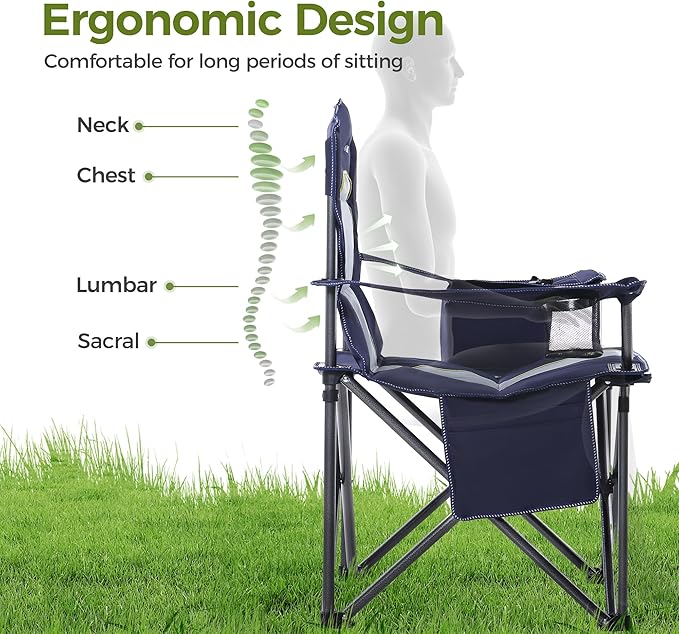 ALPHA CAMP Heavy Duty Camping Chair 500LBS Capacity Oversized Folding Chair for Heavy People Padded Portable Outdoor Chair with Cooler Bag &amp Cup Holder for Camping Fishing Beach