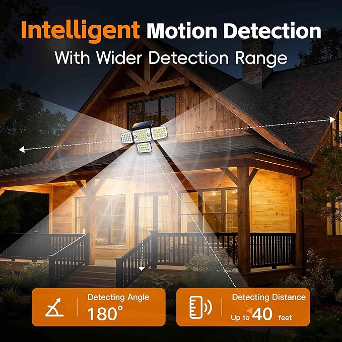 Solar Lights Outdoor 336 LED Motion Sensor Security Wall Light with Remote Split 4-Head Adjustable Design 2400mAh Battery Waterproof IP65 Garage Driveway Garden Courtyard Lighting（2Pack