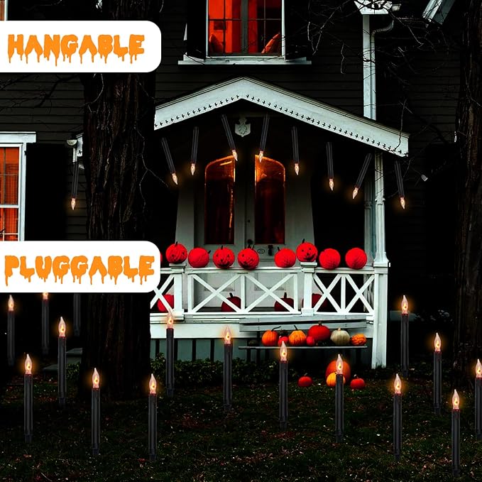 SUNSGNE Halloween Pathway Marker String Lights - 19.5Ft Outdoor Walkway Lights with 10 Black Blood Tears Candle Light Stakes for Lawn Yard Sidewalk Garden Decoration
