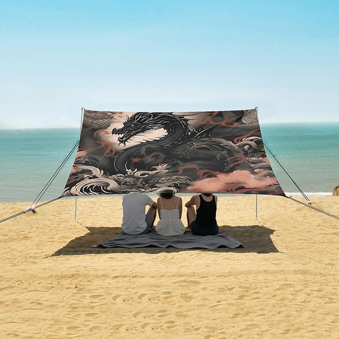 Vintage Fantasy Dragon Beach Tent Sun Shelter 9.2' x 10.5' Beach Canopy with 4 Sandbags 4 Stability Poles Sand Shovels - Tent Canopy for Beach Camping Fishing Picnics