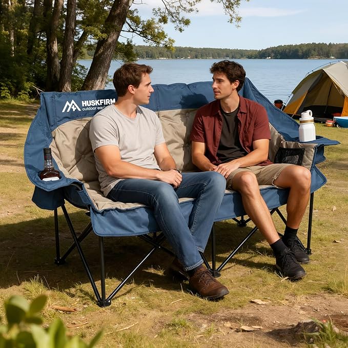 Double Camping Chair Oversized Padded Camping Chairs for Adults Folding Loveseat with Cup Holders and Side Pockets Heavy Duty Outdoor Lawn Chairs for CampingSports FishingBeachBlue