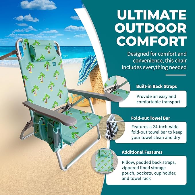 Bliss Hammocks BBC-352-PT Folding Beach Chair w/Towel Rack Cup Holder w/Pocket 275 Lb. Weight Capacity Palm Tree