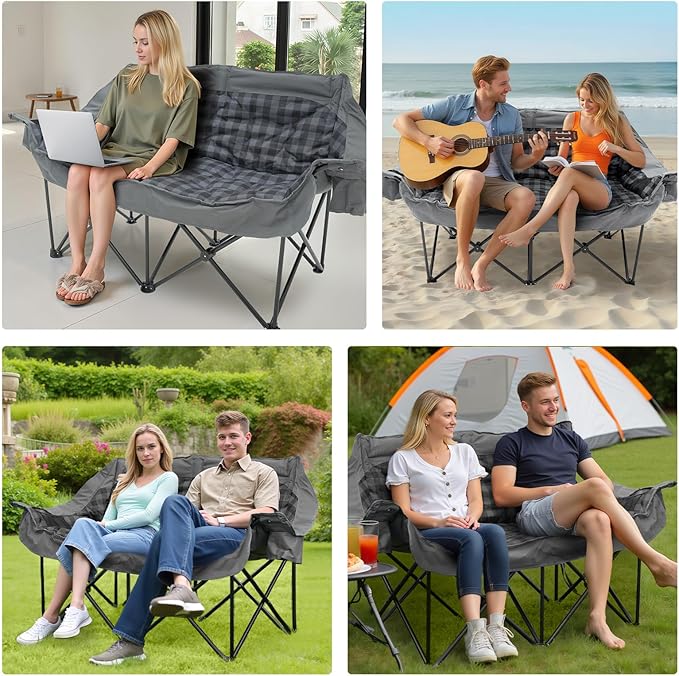 Heated Double Camping Chair with 2 Battery Padded Camping Couch with 3 Heat Levels and 4 Heating Zones Oversized Camp Loveseat Support 800lbs for Soccer Games Tailgating RV Travel Beach Days