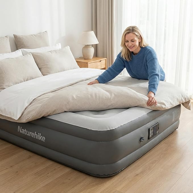 Naturehike Pongee Fabric Queen Air Mattress with Self-Stop High-Speed Built in Pump 15.8 Thicken Deluxe Blow Up Mattress Waterproof 2-Min Fast Inflatable Airbed for Home Camping Guests Travel