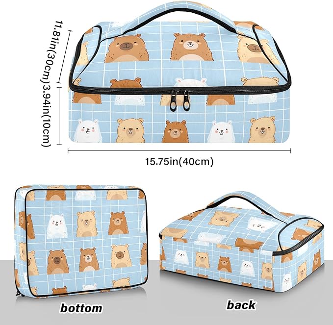 Casserole Carrier Cute Cartoon Animal BearInsulated Casserole Carrier for Hot or Cold Food Thermal Lunch Tote for Potluck Parties Picnic Beach Fits 9 x 13 Inches Baking Dish